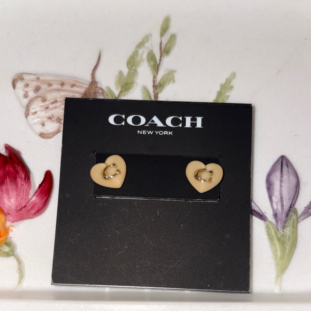 Coach Beige Heart Earrings with Gold Detail